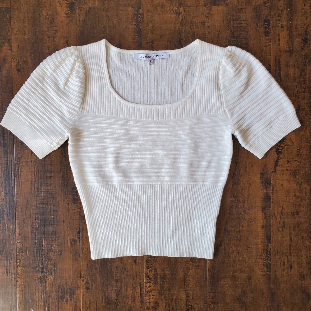 Celebrity Pink White Knit Puff Sleeve Ribbed Cropped Shirt Women Size Small